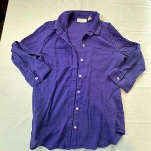 Chicos Purple Cotton Gauze Button Down Shirt Long Sleeve‎ Top Blouse